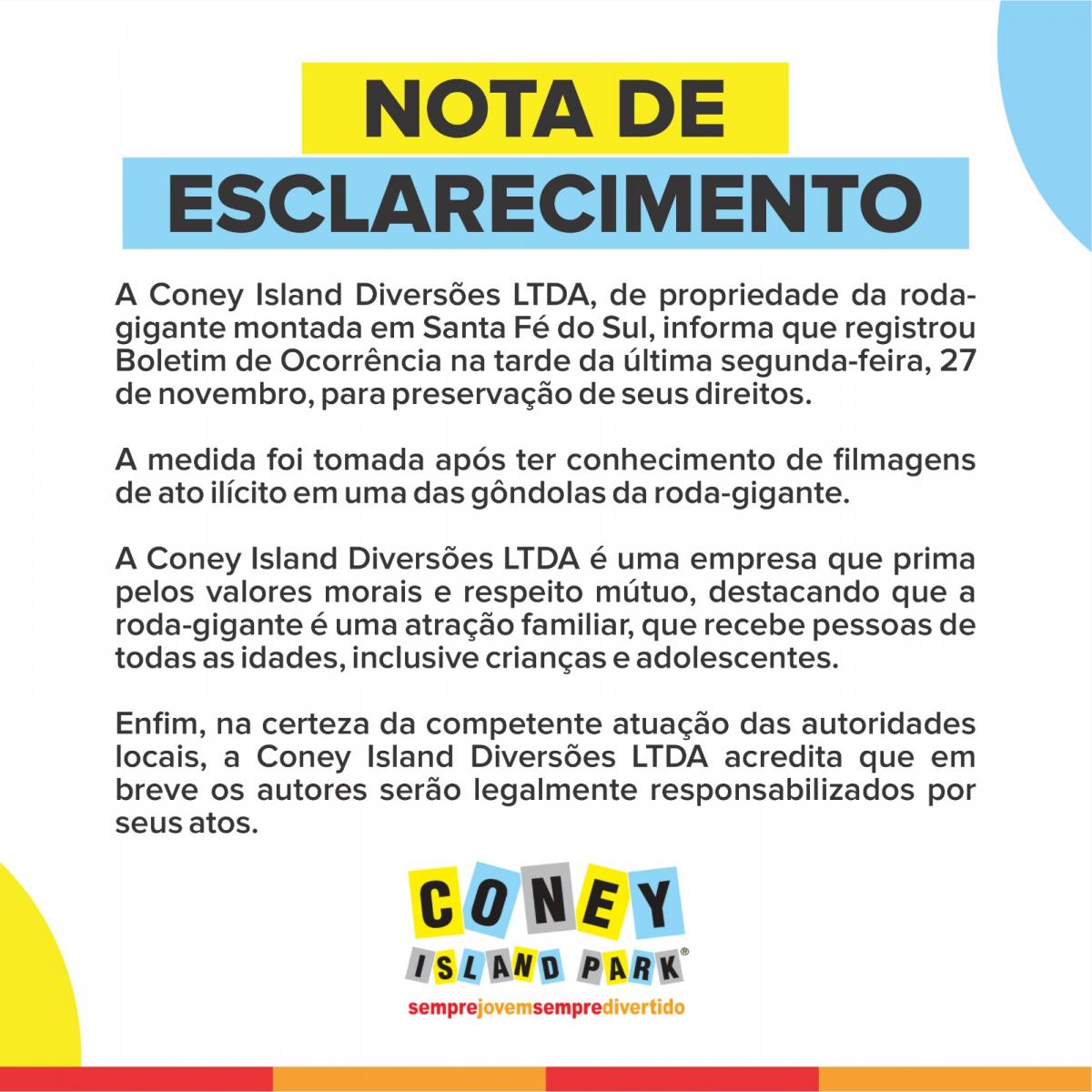 Santa fé do Sul - Após episódio em Roda Gigante, Coney Island Park, envia  Nota de Esclarecimento - A Voz das Cidades